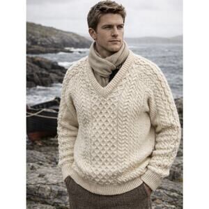 Vintage Carraig Aran Fisherman Sweater Irish Cable Knit Cream Wool Size 44 XL